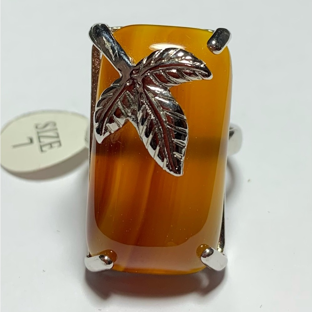 Silver Tone Leaf Orange Agate Ring Size 7 Stone Unique Rectangle Adjustable